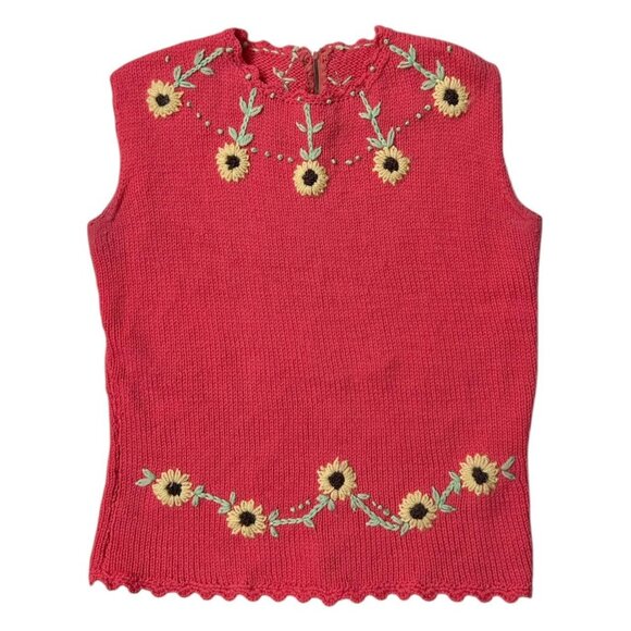 Tops - 60s 70s vintage embroidered sunflower sleeveless sweater top scalloped crochet.